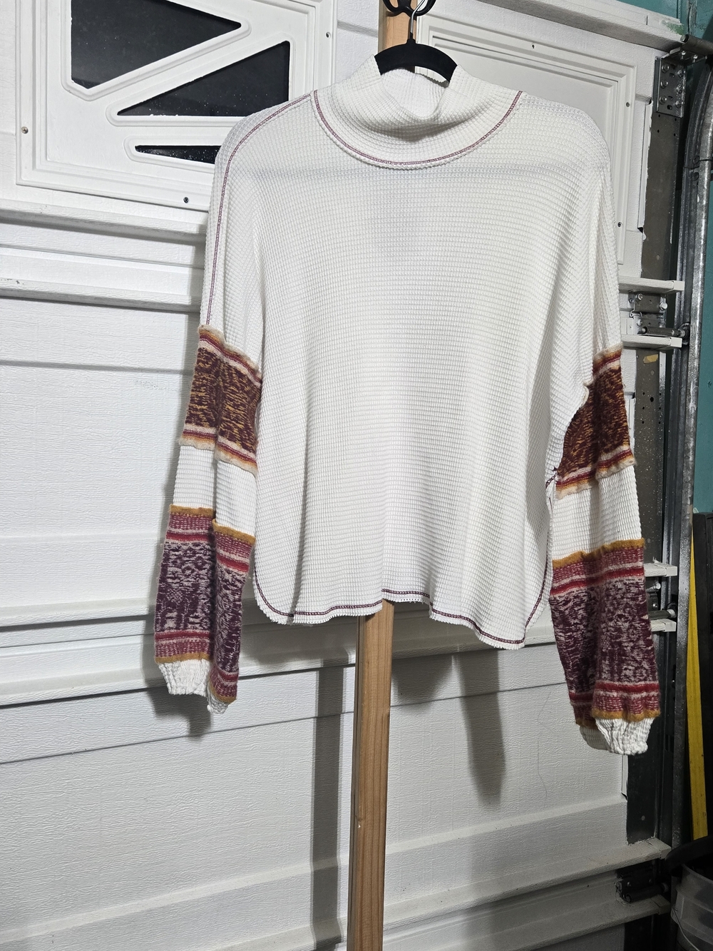Free People Cream Waffle Knit Pullover with Multicolor Patterned Sleeves